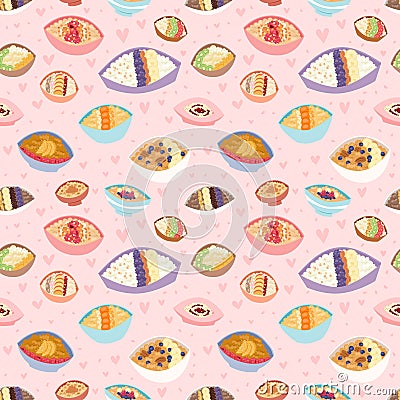 Cartoon seamless pattern healthy oatmeal porridge kasha pap morning cereal meal vector illustration. Vector Illustration