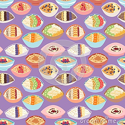 Cartoon seamless pattern healthy oatmeal porridge kasha pap morning cereal meal vector illustration. Vector Illustration