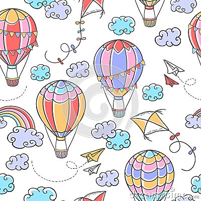 Cartoon seamless pattern with hot air balloons, kites, paper planes, clouds and rainbow on white background Vector Illustration