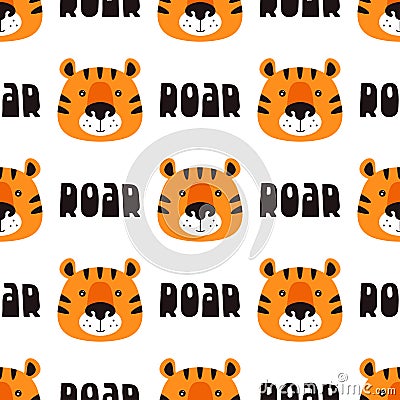 Cartoon seamless pattern with muzzle of tigers Vector Illustration