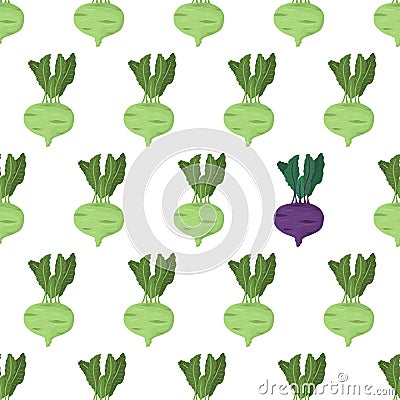 Cartoon seamless pattern for paper design with green kohlrabi root with green leaf. Eye catching element - purple Vector Illustration