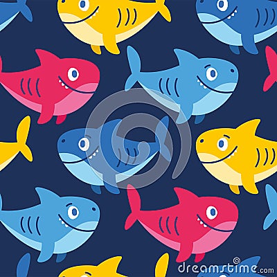 Cartoon seamless pattern with sea animal shark Vector Illustration