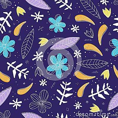 Cartoon seamless pattern. vector with stylized colorful flowers, decorative elements on a neutral dark background. hand drawing. S Vector Illustration