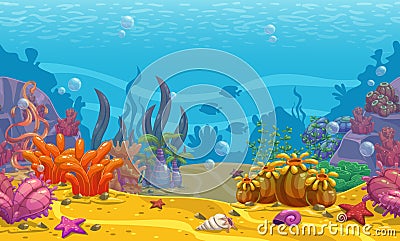 Cartoon seamless underwater background. Vector Illustration