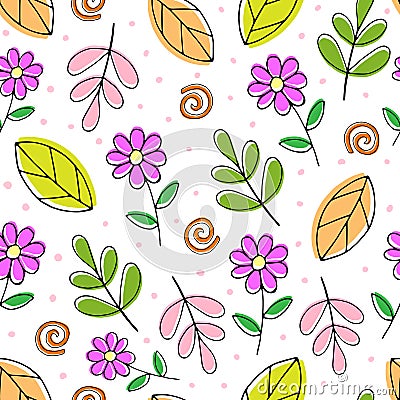 Cartoon seamless vector colored pattern with cute flowers and sprigs. Vector Illustration