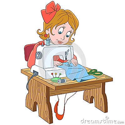 Cartoon seamstress working on electric sewing machine Vector Illustration