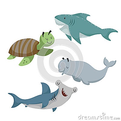 Cartoon sean animals set. Sea turtle, shark, hammerhead fish, beluga white whale. Sea and ocean animals. Vector Illustration