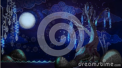 Cartoon seascape with moon and tree Vector Illustration