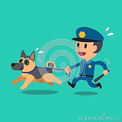 Cartoon security guard policeman with police guard dog Vector Illustration