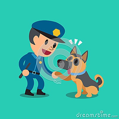 Cartoon security guard policeman with police guard dog Vector Illustration