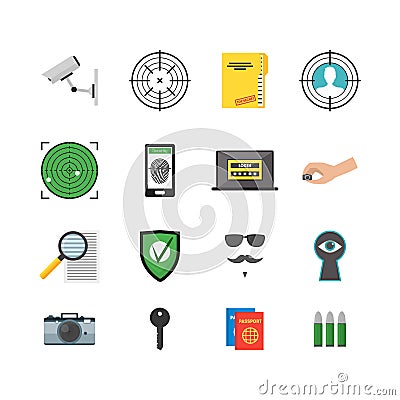 Cartoon Security and Spy Color Icons Set. Vector Vector Illustration