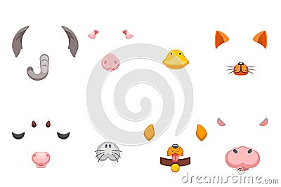 Cartoon selfie application photo items animal masks face decoration ears nose details vector illustration Vector Illustration