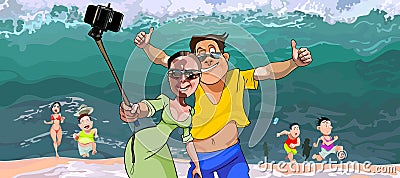 Cartoon selfie tourists do on the background of the tsunami Vector Illustration