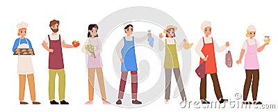 Cartoon sellers with goods. Young farmers and workers. First job or business, baker and florist, fisherman and butcher Vector Illustration
