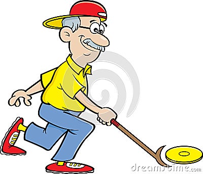 Cartoon senior citizen playing shuffleboard. Vector Illustration