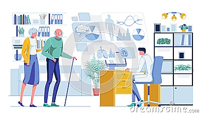 Cartoon Senior Couple Visiting Doctor for Advice Vector Illustration