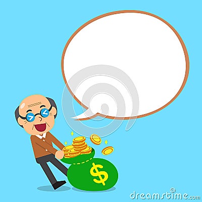 Cartoon senior man and big money bag with white speech bubble Vector Illustration