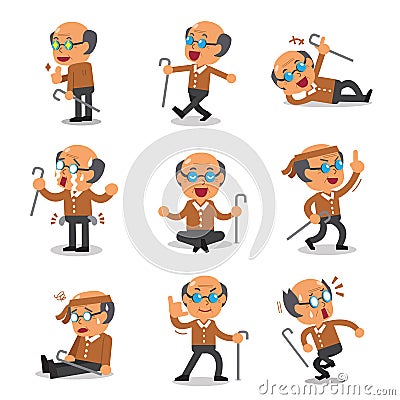 Cartoon senior man character poses Vector Illustration