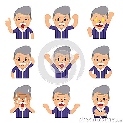 Cartoon a senior man faces showing different emotions Vector Illustration