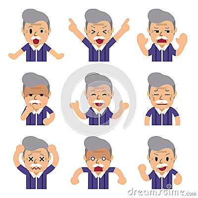 Cartoon senior man faces showing different emotions Vector Illustration