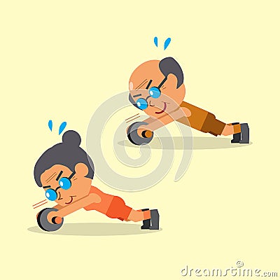 Cartoon senior man and senior woman doing ab wheel rollout exercise Vector Illustration