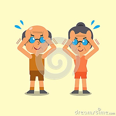 Cartoon senior man and senior woman doing isometric neck flexion exercise Vector Illustration