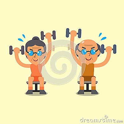 Cartoon senior man and woman doing alternate seated dumbbell press exercise Vector Illustration