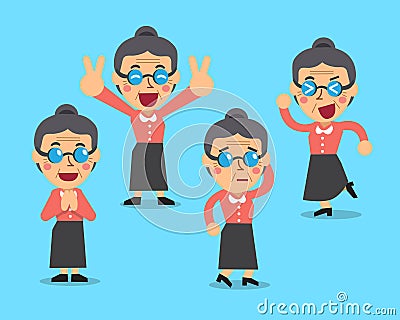 Cartoon senior woman character poses Vector Illustration