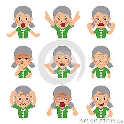 Cartoon senior woman faces showing different emotions Vector Illustration