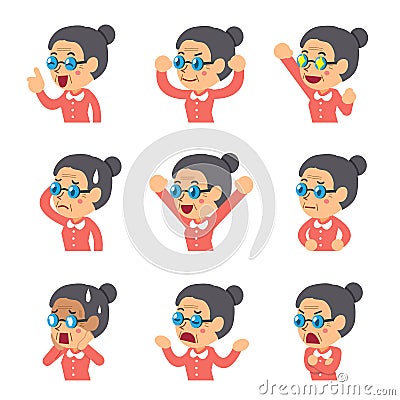 Cartoon senior woman faces showing different emotions Vector Illustration