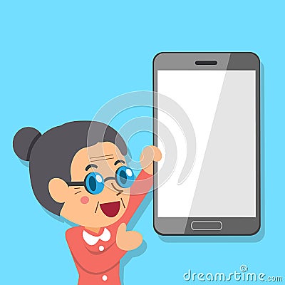 Cartoon senior woman and smartphone Vector Illustration