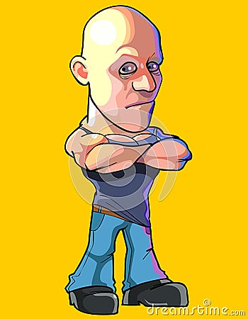 Cartoon serious bald man standing with arms crossed on chest Vector Illustration