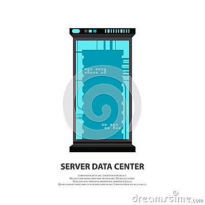 Cartoon server data center icon in flat style isolated on white. Big data computer rack for cloud workstation. Vector Vector Illustration