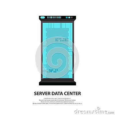 Cartoon server data center icon in flat style isolated on white. Big data computer rack for cloud workstation. Vector Vector Illustration