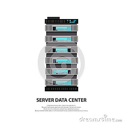 Cartoon server data center icon in flat style isolated on white. Big data computer rack for cloud workstation. Vector Vector Illustration