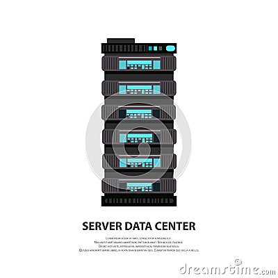 Cartoon server data center icon in flat style isolated on white. Big data computer rack for cloud workstation. Vector Vector Illustration