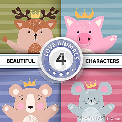 Cartoon set animals - deer, pig, bear, mouse. Vector Illustration