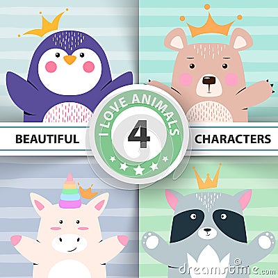 Cartoon set animals - penguin, bear, unicorn, raccoon. Vector Illustration