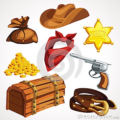 Cartoon set of cowboy things from the American Old West. Vector illustration. Vector Illustration