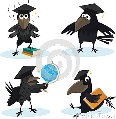 Cartoon set crow with bachelor cap and globus vector image Vector Illustration