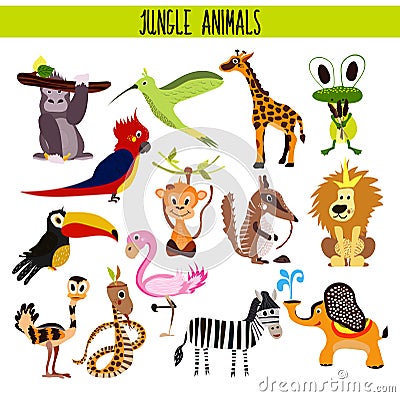 Cartoon Set of Cute Animals monkey, lion, Zebra, elephant, snake and bird Toucan, Flamingo, humming bird tropical jungle and wet f Cartoon Illustration