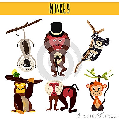 Cartoon Set of Cute Animals monkeys living in different parts of the world forests and tropical jungle .Macaque, gorilla, Yukari, Cartoon Illustration