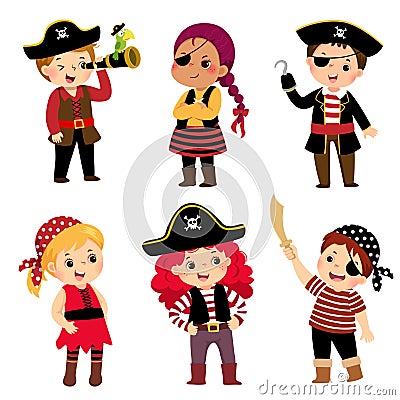 Cartoon set of cute kids dressed in pirate costumes Vector Illustration