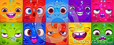 Cartoon set of cute square emoji with emotions Vector Illustration
