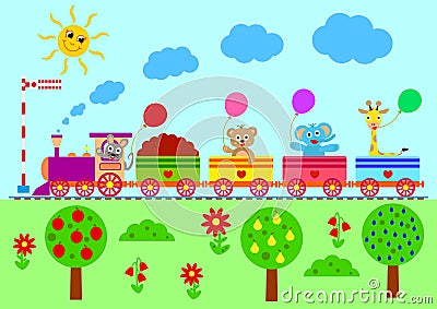 Cartoon set with different animals on train Vector Illustration