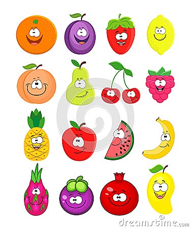 Cartoon set of different fruits. Peach, lemon, watermelon, che Vector Illustration