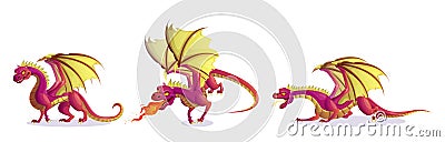 Cartoon set of fairytale dragon with fire breath Vector Illustration