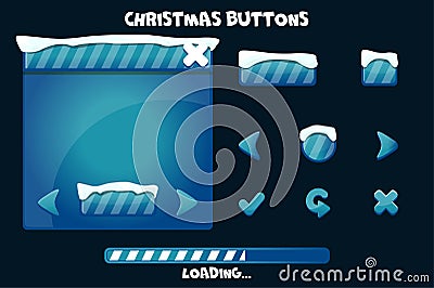 Cartoon set game ui buttons for Christmas in blue. Game user interface and loading with snow Vector Illustration