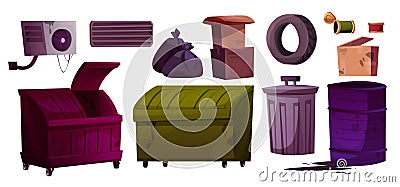 Cartoon set of garbage and waste containers Vector Illustration