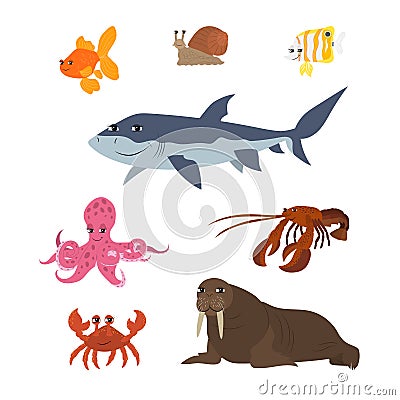 Cartoon set: goldfish snail shark fish butterfly octopus crab walrus lobster. Vector Illustration